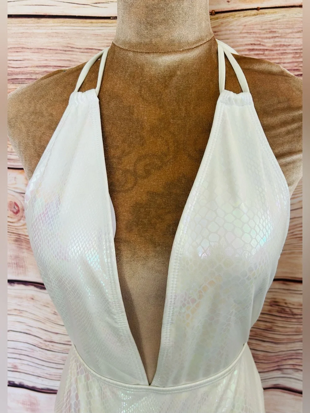 SHEIN White Snakeskin Print Iridescence Plunging One-Piece Swim Suit L NWT